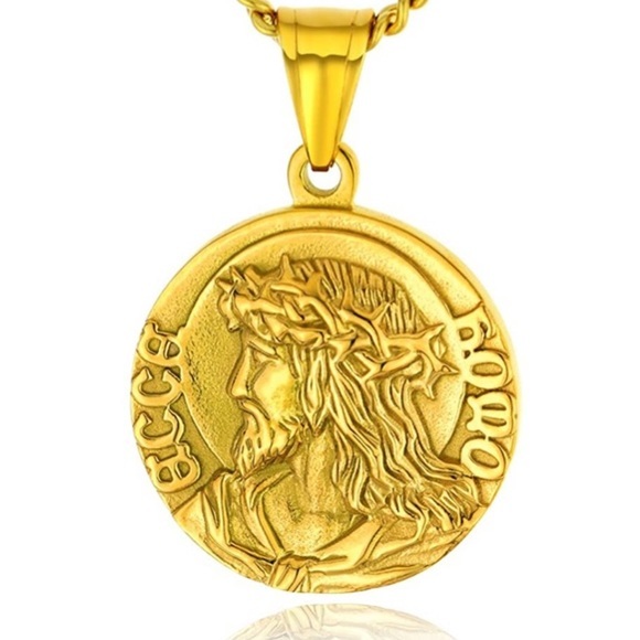 18k Gold Plated Jesus Portrait Pendant Coin Necklace - Picture 1 of 6